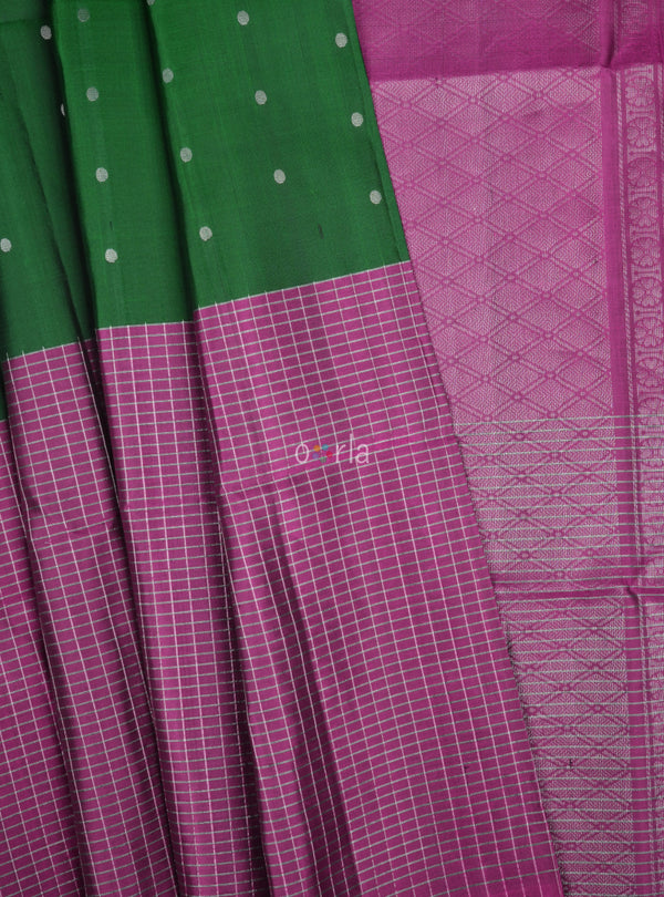 Mughizh - Forest Green & Purple Check Handloom Soft Silk Saree
