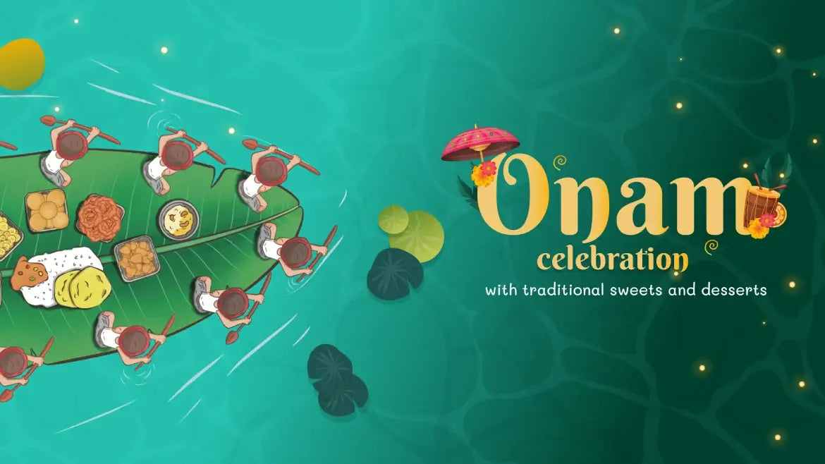Onam festival scene displaying an array of traditional foods and drinks