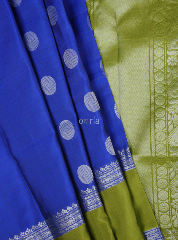 Mughizh - Royal Blue & Tea Green (Kanchi Border) Handloom Soft Silk Saree