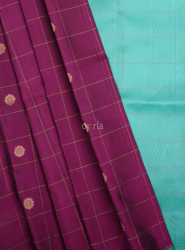 Mughizh - Rich Mulberry & Blue Checks Bhutta Handloom Soft Silk Saree