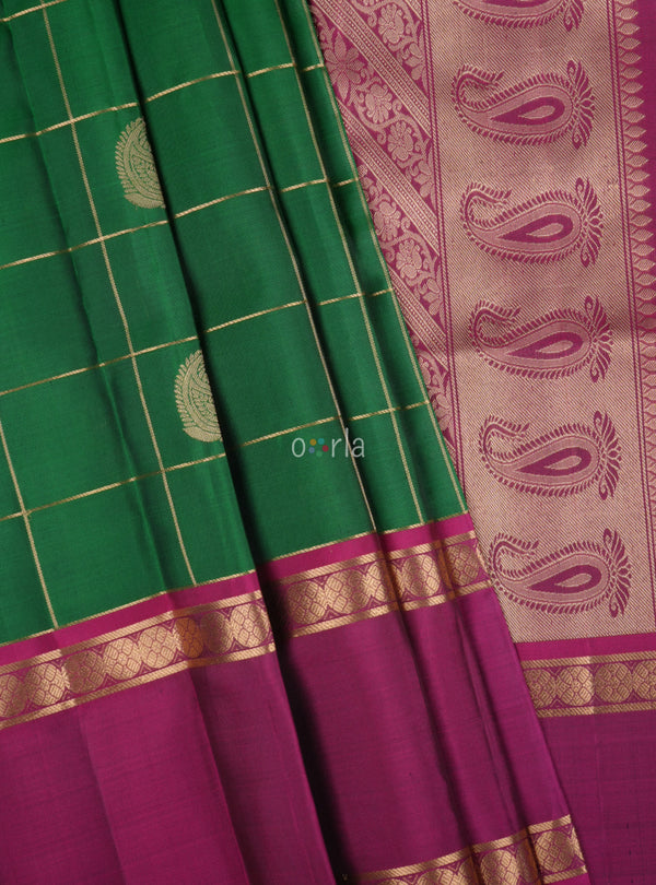 Mughizh - Forest Green & Violet (Kanchi Border) Handloom Soft Silk Saree