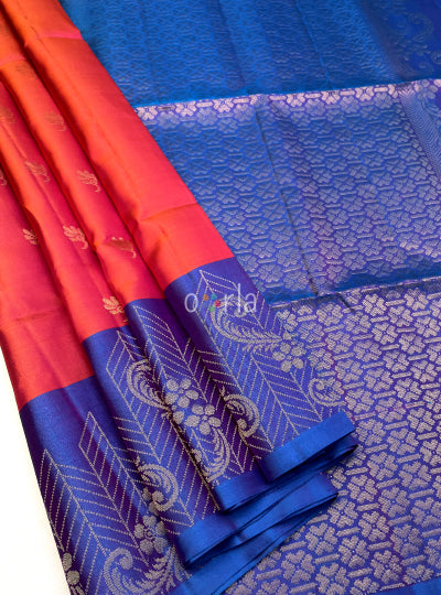 Ezhil - Pink Orange & Blue Turning Handloom Soft Silk Saree