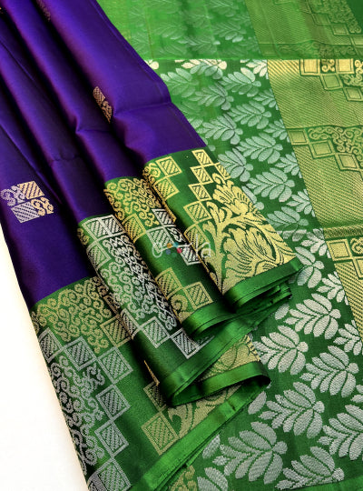 Ezhil - Violet & Bottle Green Turning Handloom Soft Silk Saree