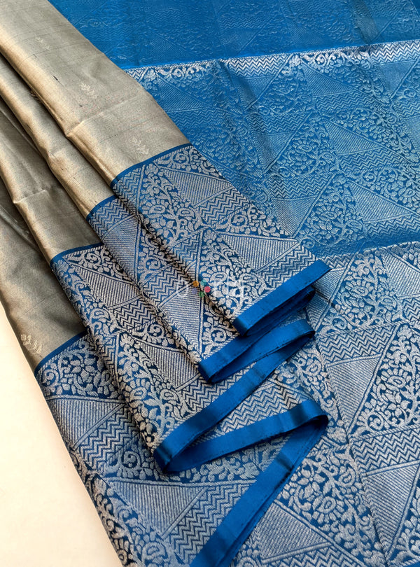Ezhil - Silver Grey & Blue Turning Handloom Soft Silk Saree