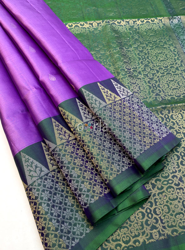 Ezhil - Lavender & Blusih Green Turning Handloom Soft Silk Saree