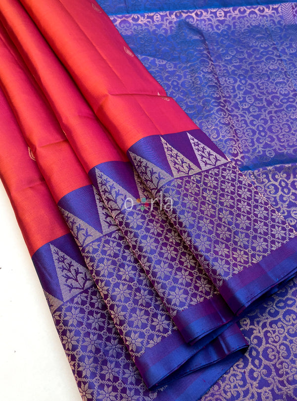 Ezhil - Pink Orange & Dreamy Blue Turning Handloom Soft Silk Saree