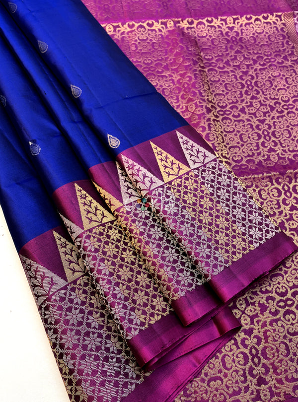 Ezhil - Royal Blue & Magenta Pink Turning Handloom Soft Silk Saree