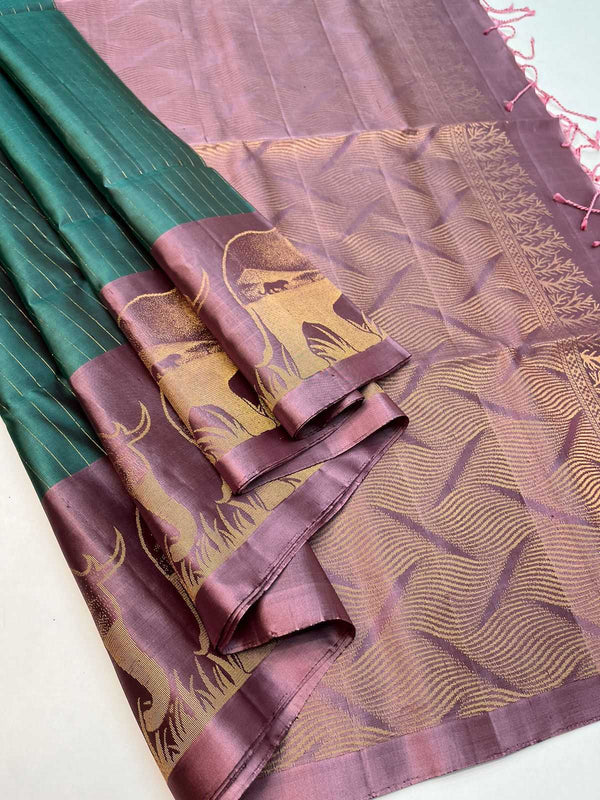 Swarnam - Mint Green With French Pink Soft Silk Fancy Design Silver Zari Sleeve Work Handloom Soft Silk Saree
